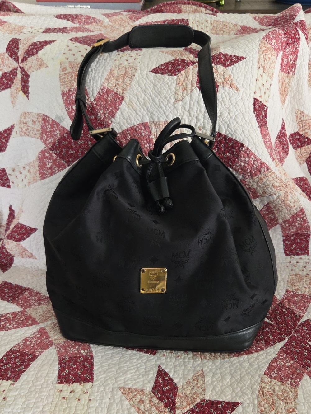 Large MCM Black Drawstring Logo-Print Bucket Shoulder Bag with Gold Plaque